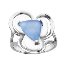 BAGUE ARGENT RHODIE STYLE FLEUR NACRE BLANCHE ET PIERRE OEIL DE CHAT BLEU 065747C
