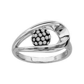 BAGUE ARGENT RHODIE BOULE RESINE NOIRE ET STRASS BLANCS