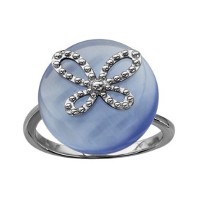 BAGUE ARGENT RHODIE ROND OEIL DE CHAT BLEU CIEL MOTIF PAPILLON 065752C