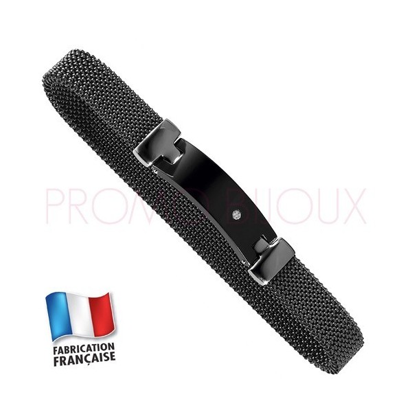 Bracelet Jourdan Homme - Maille Acier Noir Extensible - Céramique noire - diamant