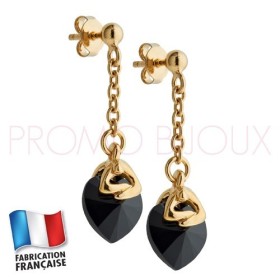 Boucles d'Oreilles Jourdan Plaqué Or Coeur Cristal Noir