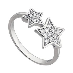 BAGUE ARGENT RHODIE 2 ETOILES PIERRES BLANCHES, bague femme, 065781