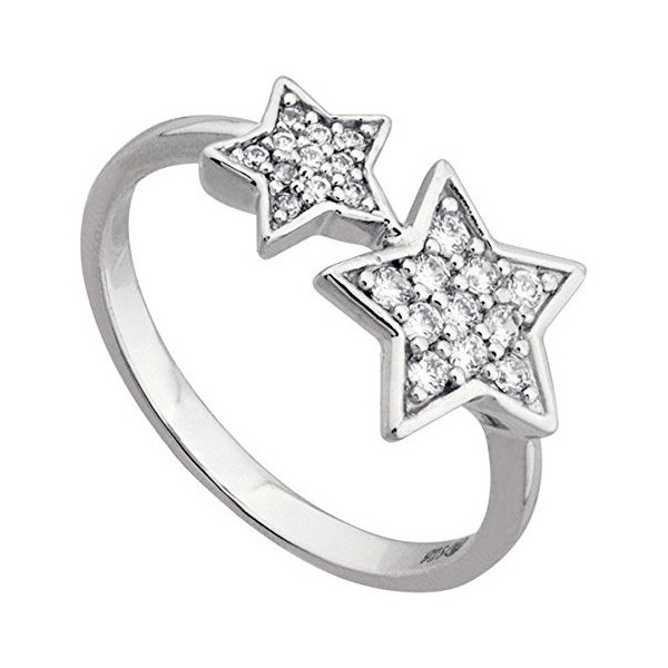 BAGUE ARGENT RHODIE 2 ETOILES PIERRES BLANCHES, bague femme, 065781