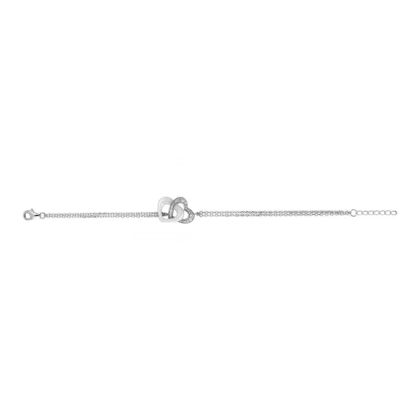 Bracelet Argent Double Chaîne, Coeurs Ceramique Blanc et Oxydes de Zirconium