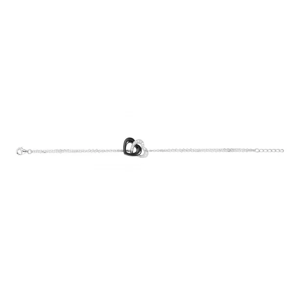 Bracelet Argent Double Chaîne, Coeurs Ceramique Noire et Oxydes de Zirconium