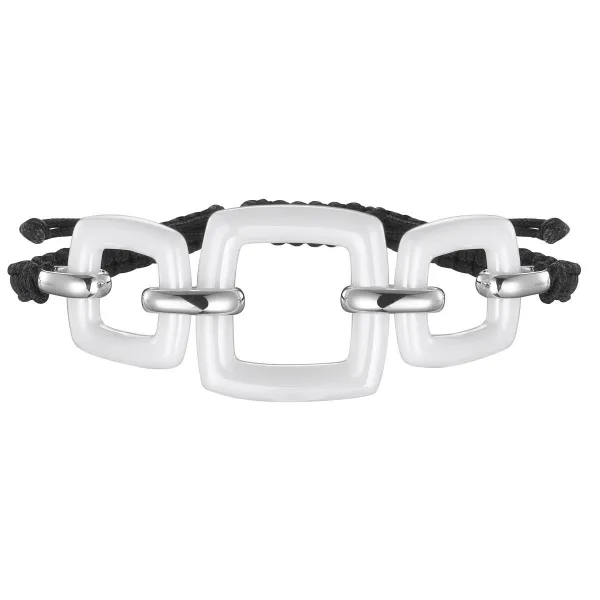 Bracelet Cordon Noir Carrés Céramique & Entremailles Argent - 1-32-0028B || Promo Bijoux Pas Cher ||