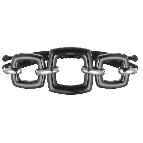 Bracelet Cordon Noir Carrés Céramique & Entremailles Argent - 1-32-0028N || Promo Bijoux Pas Cher ||
