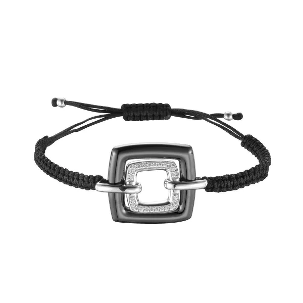 Bracelet Cordon, Carré céramique, Noir, Argent et Oxydes de Zirconium