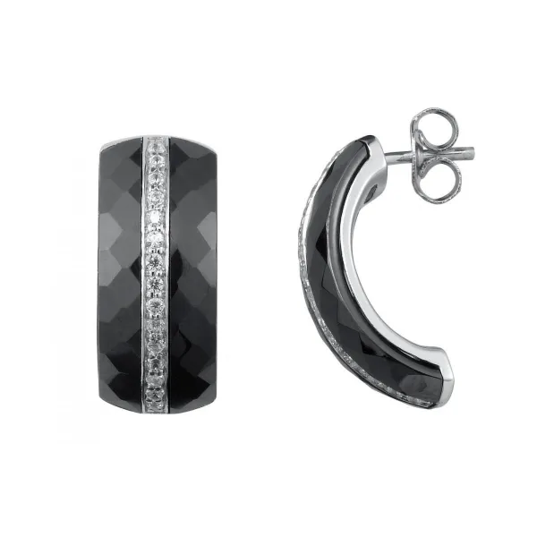 Demi-créoles argent Ceramique Noire et Zirconium - 1-42-0004.N || Promo bijoux Pas Cher ||