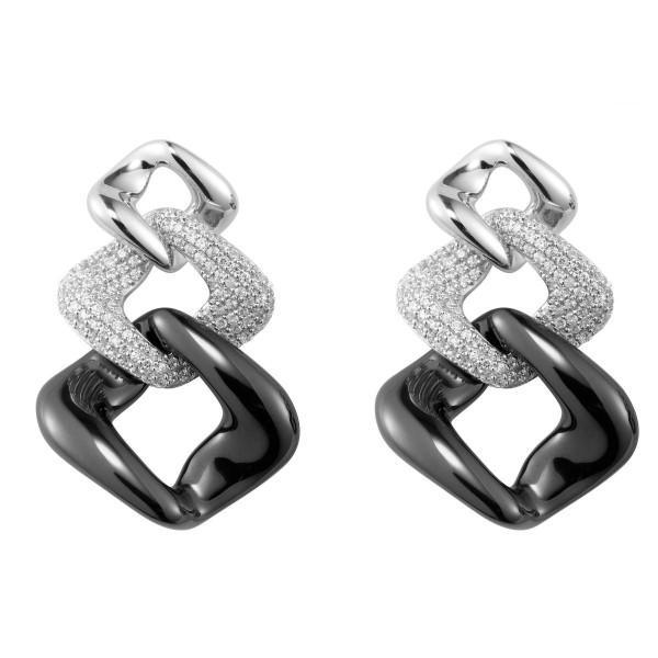 Boucles d'oreilles Argent céramique Noire, Maille Losange et Oxydes de Zirconium