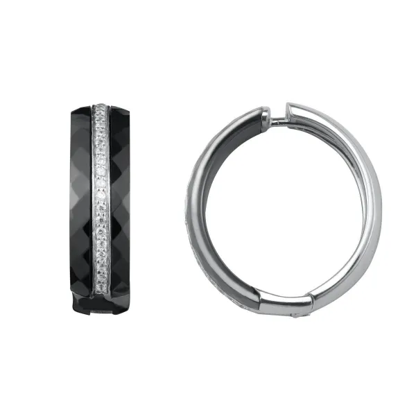 créoles argent ronde Ceramique Noire et Zirconium - 1-42-0009.N || Promo bijoux Pas Cher ||