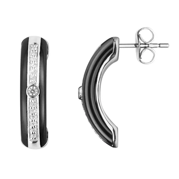 Boucles d'oreilles argent céramique Noire Lisse rail argent Oxydes de Zirconium