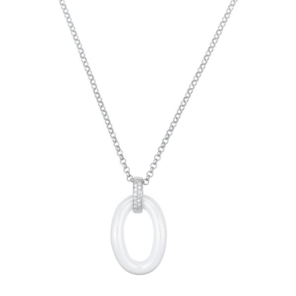 Collier Argent, Ceramique Blanche Ovale et oxydes de zirconium