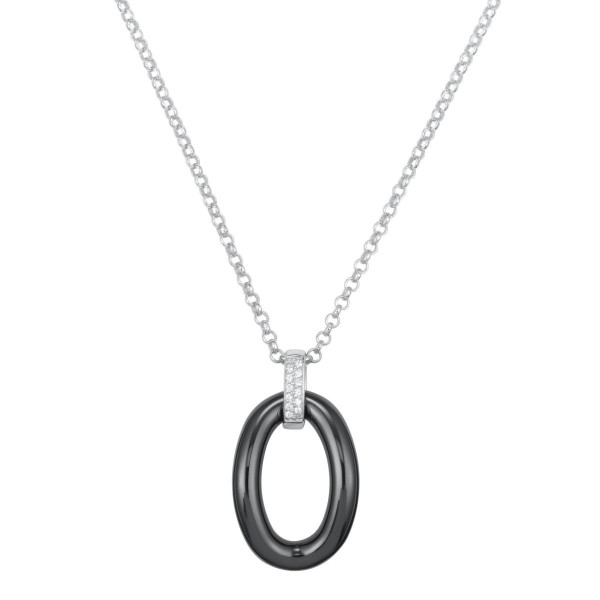 Collier Argent, Ceramique Noire Ovale et oxydes de zirconium