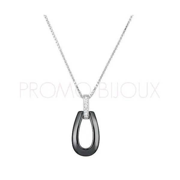 Collier Chaine avec Pendentif Céramique noire et Argent - 1-52-0005N || Promo Bijoux Pas Cher ||