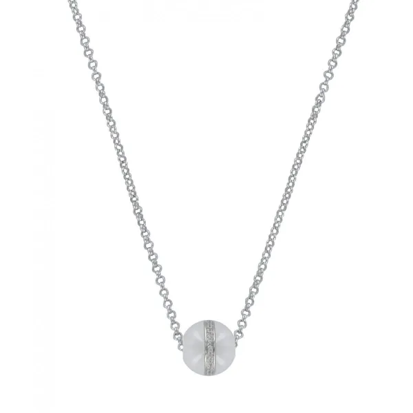 Collier Argent, Boule Ceramique Blanche Lisse et Rail oxydes de zirconium