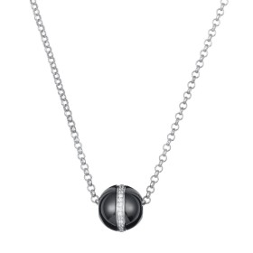 Collier Argent, Boule Ceramique Noire Lisse, Rail Zirconium - 1-52-0009N || Promo Bijoux Pas Cher ||