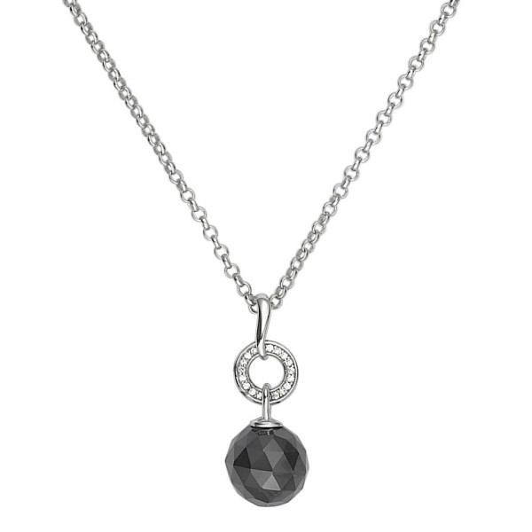 Collier Argent, Boule Ceramique Noire facettée et oxydes de zirconium