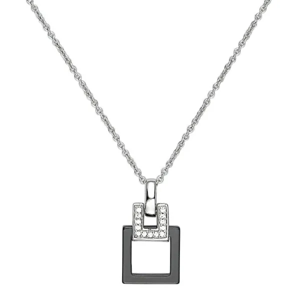 Collier Argent, carré Céramique noire et Zirconium - 1-52-0016N || Promo Bijoux Pas Cher ||