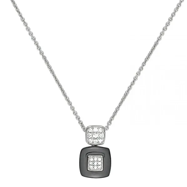 Collier Argent, carré Céramique noire et Zirconium - 1-52-0017N || Promo Bijoux Pas Cher ||