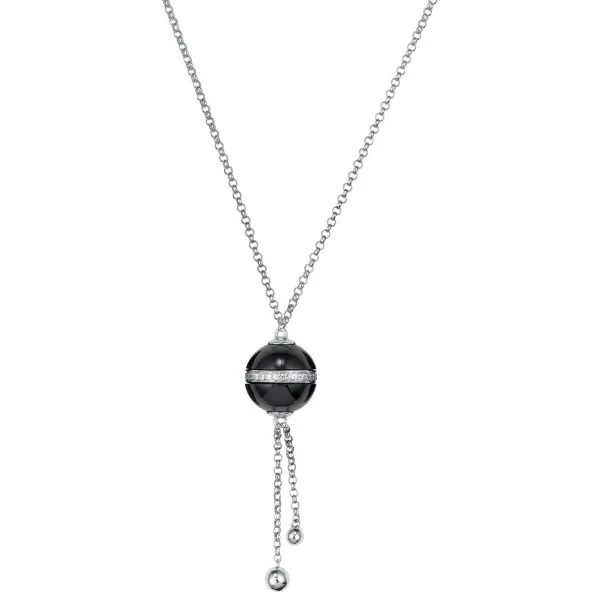 Collier Argent, Boule Ceramique Noire Lisse et oxydes de zirconium