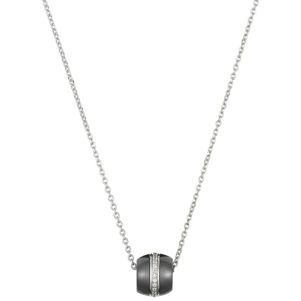 Collier Argent, Tonneau Ceramique Noire Lisse et Rail oxydes de zirconium