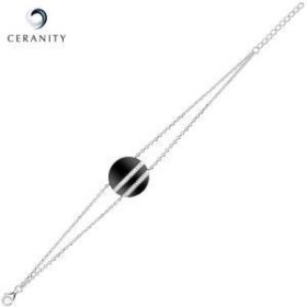 Bracelet Argent Double Chaîne, Pastille Ceramique Noire lisse et deux rails Oxydes de Zirconium