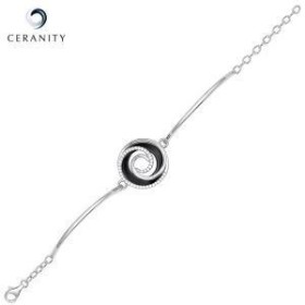 Bracelet Semi Rigide Argent Motif Spirale, Ceramique Noire et deux rails Oxydes de Zirconium