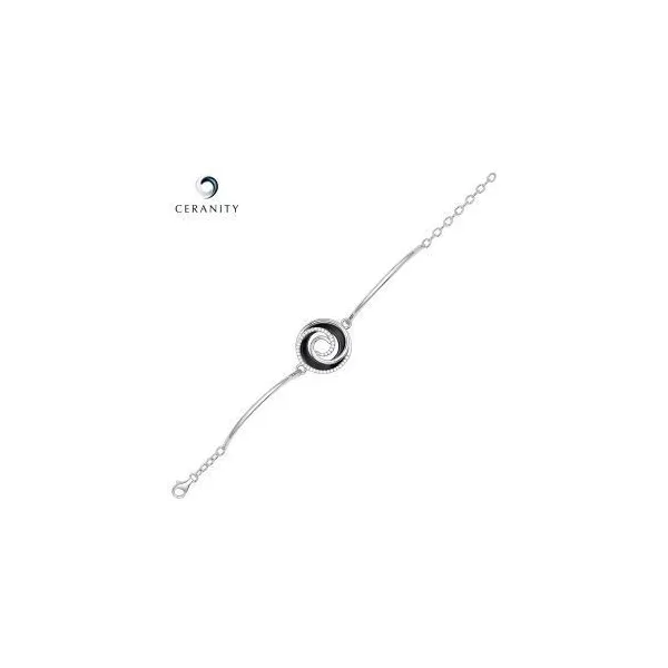 Bracelet Semi Rigide Argent Motif Spirale, Ceramique Noire et deux rails Oxydes de Zirconium