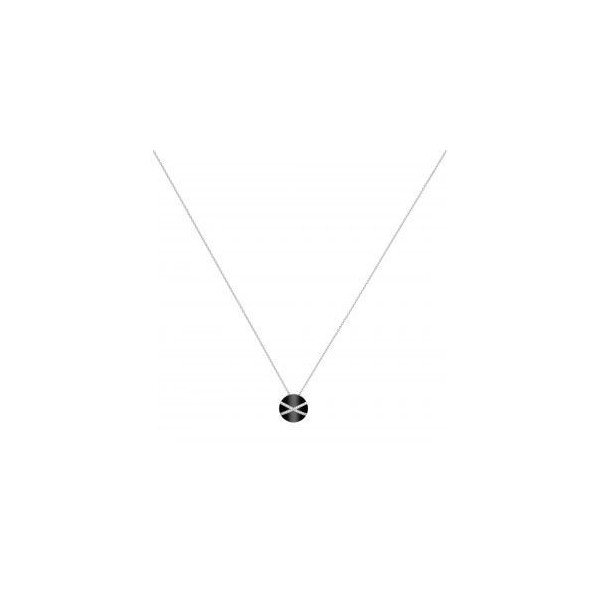 Collier Argent, Pastille Ceramique Noire Lisse et Deux Rails croisés argent et oxydes de zirconium