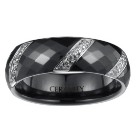 Bague Ceramique Noire Facettée, Trois Barrettes Argent et Oxydes de Zirconium