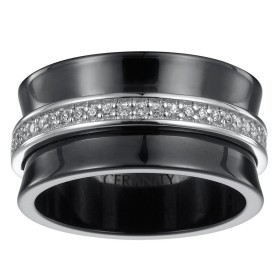 Bague Ceramique Noire Lisse Concave, Anneau Argent et Oxydes de Zirconium