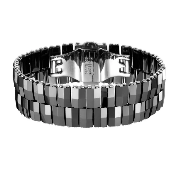 Bracelet Acier et Céramique noire facettée sur deux rangs