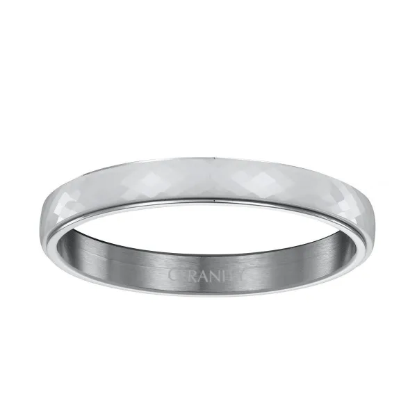 Jonc Acier Tournant et Céramique blanche facettée - 903-039B - Promo Bijoux Pas Cher