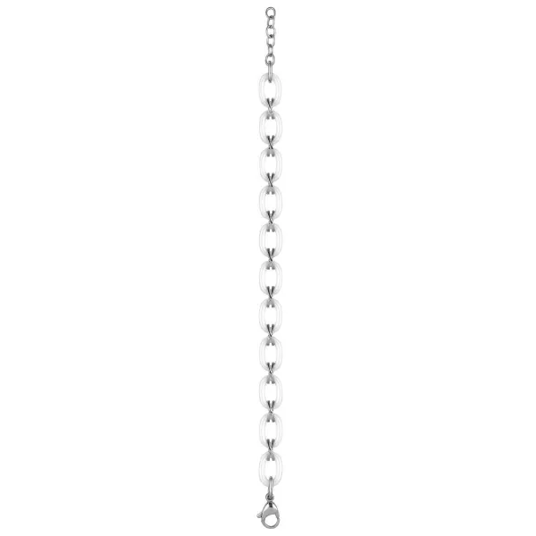 Bracelet Acier, Ceramique Blane Ovale et Entremaille en Croix - 903-058B - Promo Bijoux Pas Cher