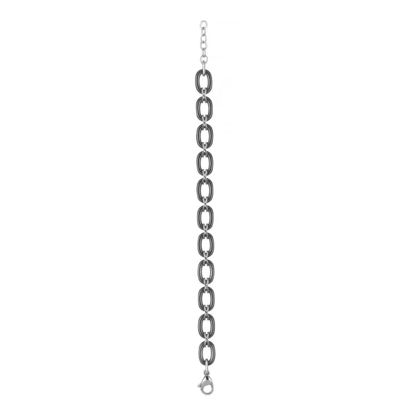 Bracelet Acier, Ceramique Noire Ovale et Entremaille en Croix - 903-058N - Promo Bijoux Pas Cher
