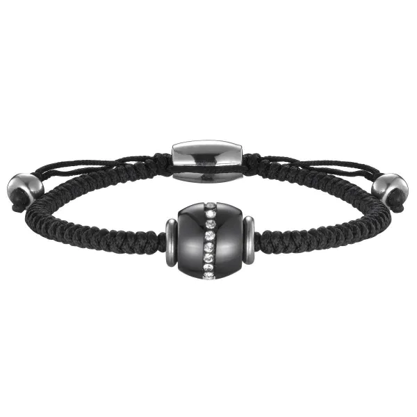 Bracelet Cordon, Tonneau Ceramique Noir Lisse et Rail Cristal Blanc