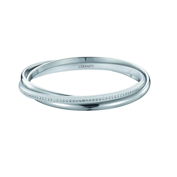 Jonc acier Anneau Céramique blanche Lisse et Rail Cristal - 903-065B - Promo Bijoux Pas Cher