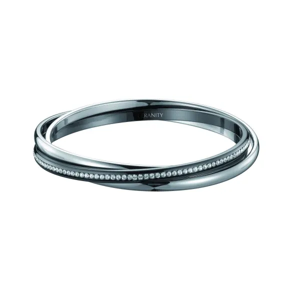 Jonc acier Anneau Céramique noire Lisse et Rail Cristal Blanc - 903-065N - Promo Bijoux Pas Cher