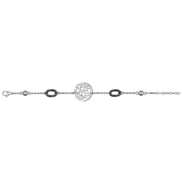 Bracelet acier Motif Ajouré et Céramique Noire Ovale - 903-066N - Promo Bijoux Pas Cher