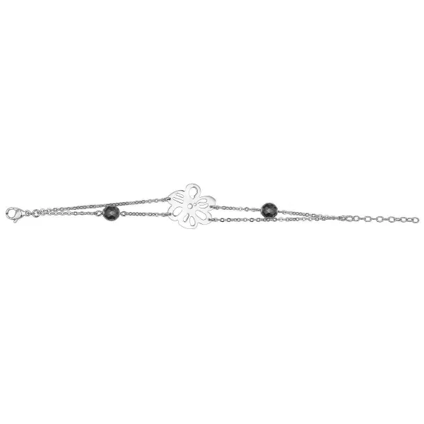 Bracelet acier Fleur et Boules Céramique Noire facettée - 903-067N - Promo Bijoux Pas Cher