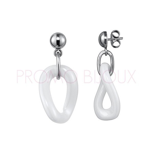 Boucles d'oreilles en céramique blanche & acier pendantes