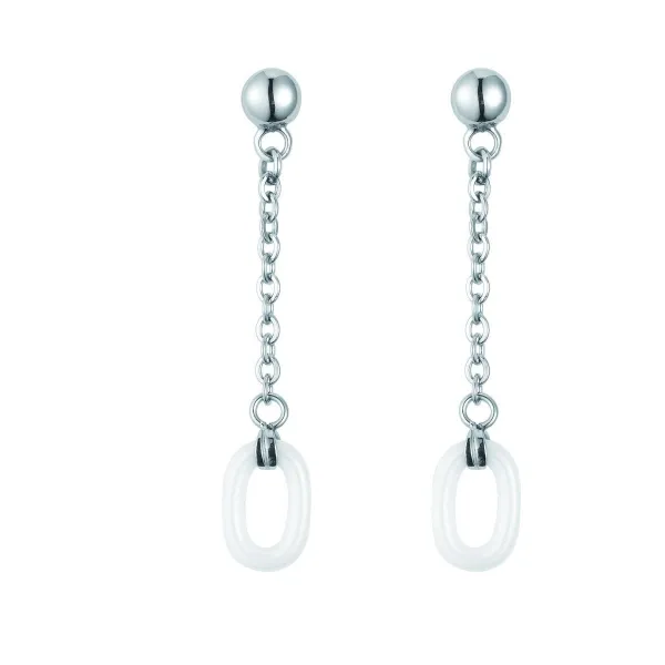 Boucles d'oreilles Acier et Céramique Blanche Ovale - 904-020.B - Promo Bijoux Pas Cher