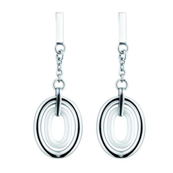 Boucles d'oreilles acier et Ovales Ceramique Blanche