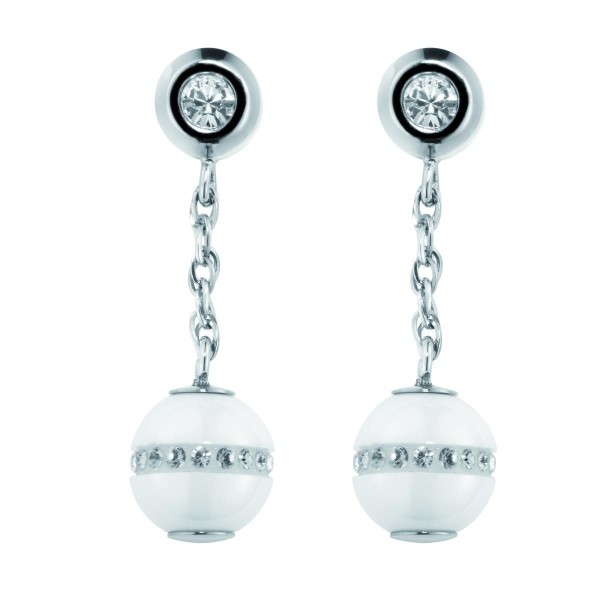 Boucles d'oreilles acier, Boules Ceramique Blanche Lisse et Cristal Blanc