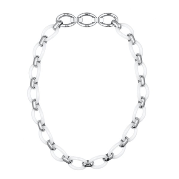 Collier acier et Ovale Ceramique Blanche