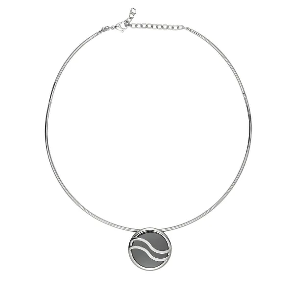 Collier acier Motif Vague et Ceramique Noire - 907-028.N - Promo Bijoux Pas Cher