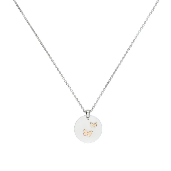 Collier acier, Ceramique Blanche et Papillons IP Rose - 907-029.B-IPR - Promo Bijoux Pas Cher