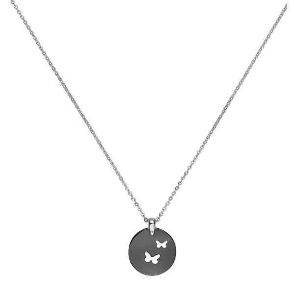 Collier acier, Ceramique Noire et Papillons en Acier - 907-029.N - Promo Bijoux Pas Cher