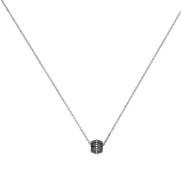 Collier acier, Tonneau Ceramique Noire Lisse et Rail Cristal Blanc